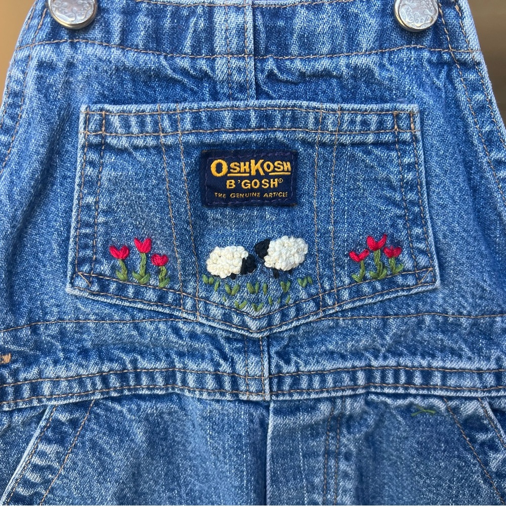 OshKosh B'gosh Denim Overalls with Hand-embroidered Sheep and Tulips